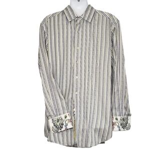 Robert Graham Flip Cuff Embroidered Dress Shirt Size Medium Floral Paisl…